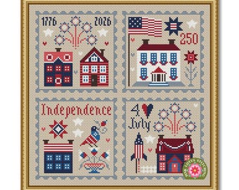 Independence Day 250 Years Stamps Cross Stitch Pattern: 4th of July Patriotic Sampler