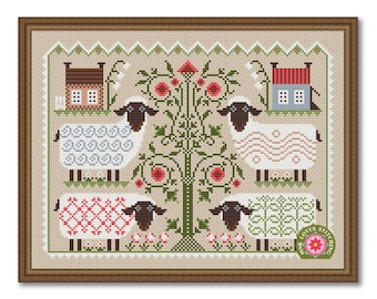 House And Sheep Cross Stitch Pattern: Four Sheep Sampler