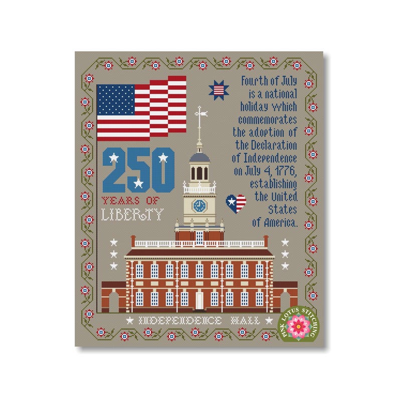 Independence Hall Anniversary 250 Years Patriotic Cross Stitch Pattern: Happy Birthday America image 8