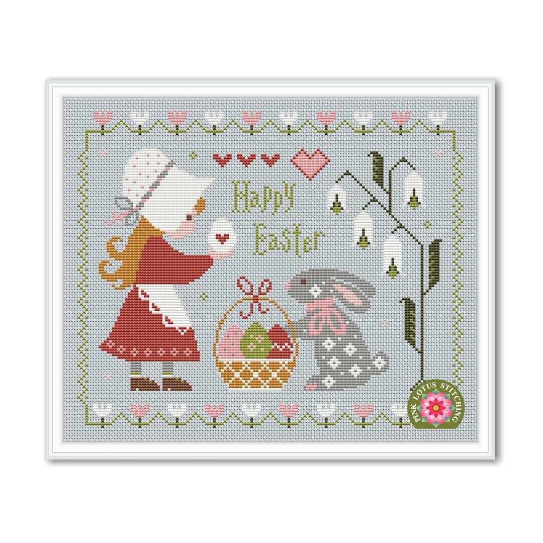 Happy Easter Cross Stitch Pattern: Bunny Girl and Eggs Spring Sampler ...