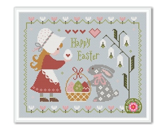 Happy Easter Cross Stitch Pattern: Bunny Girl and Eggs Spring Sampler