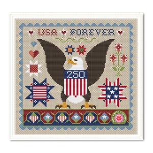 May include: Cross-stitch design featuring a bald eagle with outstretched wings, a patriotic theme. The text "USA FOREVER" is at the top. The eagle has a shield with the number "250" and is surrounded by stars, hearts, and floral elements.