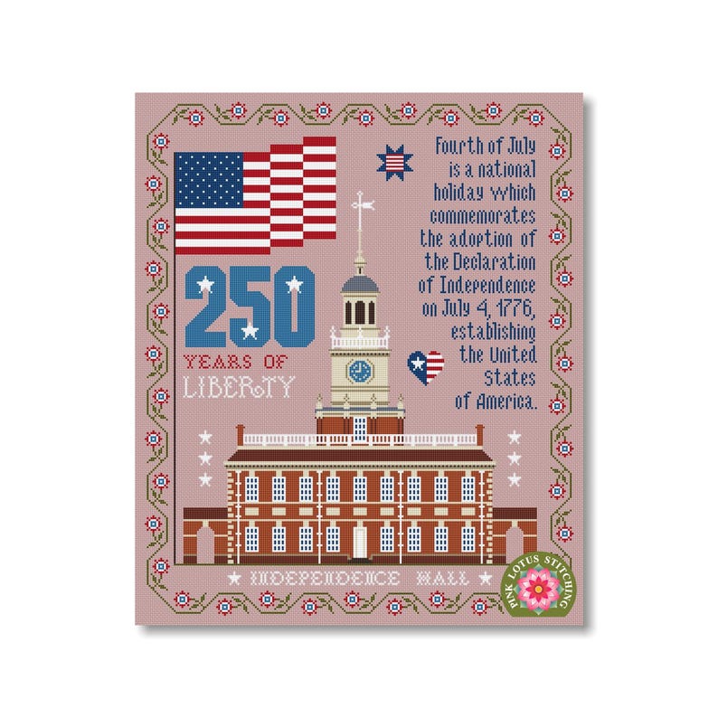 Independence Hall Anniversary 250 Years Patriotic Cross Stitch Pattern: Happy Birthday America image 6