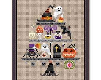 Halloween Cake Stand Cross Stitch Pattern: Pumpkin Boo Ghosts Sampler