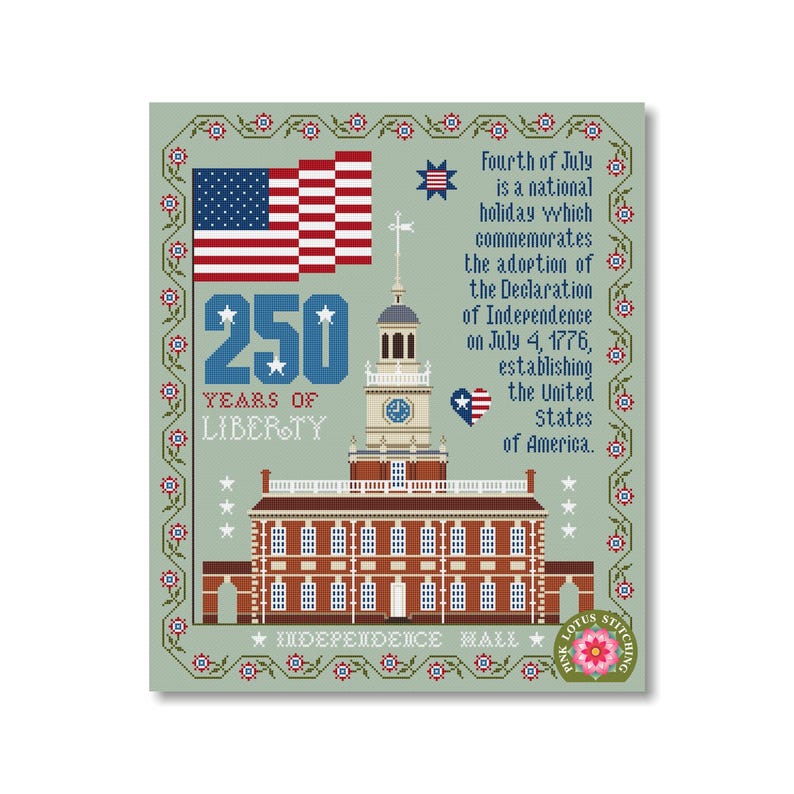 Independence Hall Anniversary 250 Years Patriotic Cross Stitch Pattern: Happy Birthday America image 7