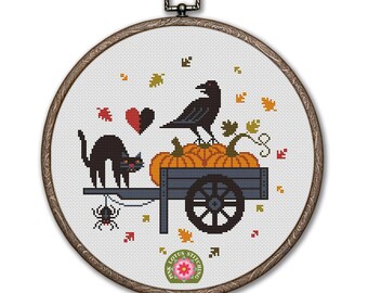 Happy Halloween Cross Stitch Pattern: Cat, Raven and Spider Boo Sampler