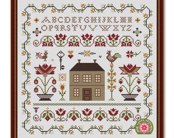 House And Alphabet #2 Cross Stitch Pattern: Summer Flowers Sampler Antique Style