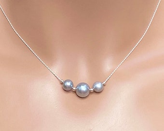 Natural Grey Freshwater Pearls / 3 or 5 Pearls / Slightly Irregular Round / Thick Nacre 5.5 to 6 mm and 8 to 8.5 mm / .925 Sterling Silver
