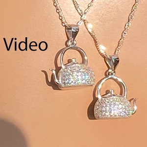 Fancy Teapot 1mm Czs Necklace / Sterling Teapot Pave CZ / Tea Kettle / Tea Pitcher / Tea Party Favor / Dangle 1 Inch / Chain Sterling Silver