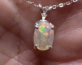 Opal Natural Ethiopian Opal Necklace/ 1.57 Cts  10.88 x 7.14 mm or 7/16 x 1/4 inch Classic Mild Play/Sterling Silver /Natural Opal