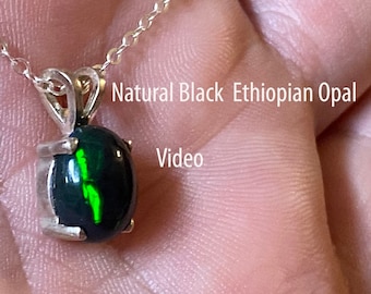 Black Ethiopian Fire Opal Necklace/ Sterling Silver/  1.70 Ct 10.24 x 7.88  mm Ethiopian Opal/ Green, Teal, Yellow Play