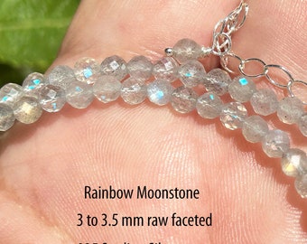 Neon Blue Moonstone Necklace / Grey 3 mm Natural Moonstone/ Tiny Speckled Sparkle / June / Sterling Silver / Yellow or Rose Gold