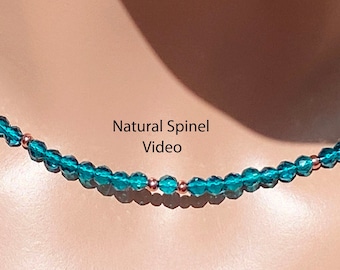 Natural Spinel Teal Turquoise Necklace/March December/Very Clear Teal 3 mm Natural Spinel/ Sterling Silver/ 14K Rose or Yellow Gold Filled