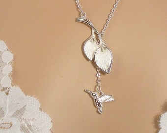 3-D Hummingbird Calla Lilies Necklace / Solid Sterling Silver Chain / Sterling  Silver Filled Hummingbird  & Calla Lilies
