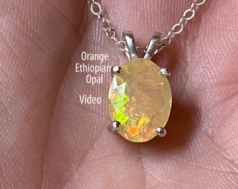 Light Orange Ethiopian Fire Opal Necklace Sterling Silver/1.56 Ct 10.54 x 7.82 mm or 7/16x5/16 inch Ethiopian Opal/Orange, Pink, Green Play