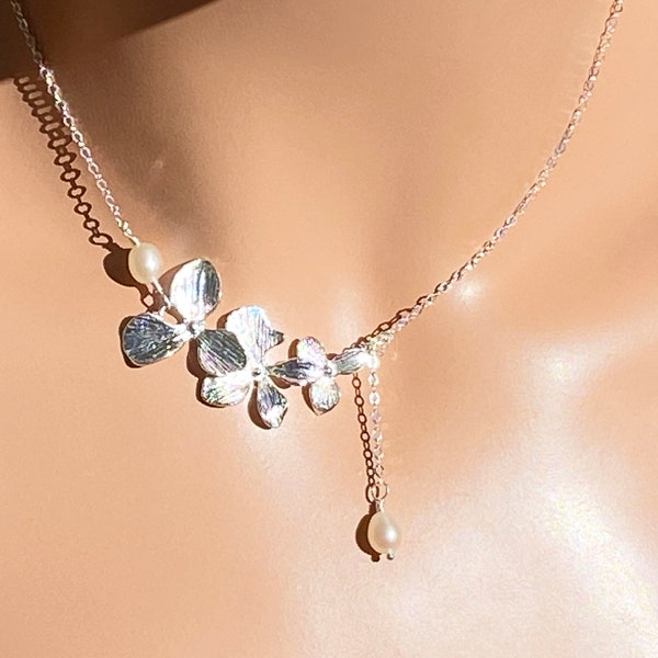 AAA Freshwater Pearls & Silver Orchid  Necklace / Flower 3, 6, or 9 Number Choice / .925 Sterling Silver Chain / Pearl Shape Choice