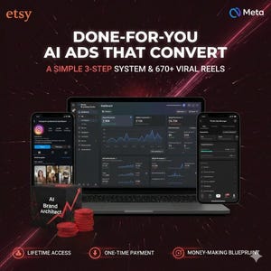 Peut inclure: Image promotionnelle pour les services de publicité IA. Elle présente un ordinateur portable et deux smartphones affichant des tableaux de bord d'analyse de données. Le texte comprend "DONE-FOR-YOU AI ADS THAT CONVERT" et "A SIMPLE 3-STEP SYSTEM & 670+ VIRAL REELS".