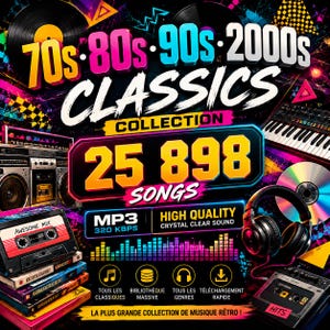 Raccolta di musica retrò anni '70, '80, '90 e 2000, 25.898 brani, MP3 320 kbps, libreria di successi vintage, download digitale.