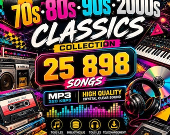 Raccolta di musica retrò anni '70, '80, '90 e 2000, 25.898 brani, MP3 320 kbps, libreria di successi vintage, download digitale.