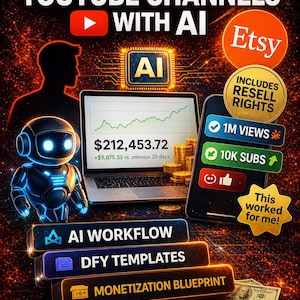 Peut inclure: Visuel promotionnel avec le texte "BUILD VIRAL YOUTUBE CHANNELS WITH AI" et le logo Etsy. Comprend un ordinateur portable affichant les revenus, un smartphone avec des vues et des abonnés, et un robot. Avec "AI WORKFLOW" et "DFY TEMPLATES".