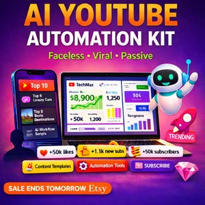 May include: A promotional image for an AI YouTube Automation Kit. The image features a laptop and smartphone displaying data, a cartoon robot, and text that reads "AI YOUTUBE AUTOMATION KIT". Additional text includes "Faceless, Viral, Passive".