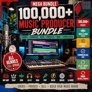 Może przedstawiać: Obraz promocyjny dla pakietu producenta muzycznego. Obraz przedstawia ekran komputera z oprogramowaniem do produkcji muzyki, mikser i mikrofon. Tekst zawiera "MEGA BUNDLE", "100,000+ MUSIC PRODUCER BUNDLE" oraz ikony gatunków muzycznych.