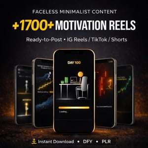 Peut inclure: Image de cinq smartphones avec des cadres dorés. Les écrans affichent du contenu de motivation, dont une barre de chargement et le texte "DAY 100". L'image comprend également le texte "+1700+ MOTIVATION REELS" et "Ready-to-Post • IG Reels / TikTok / Shorts."