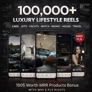 Puede incluir: Un anuncio con cinco smartphones que muestran reels de estilo de vida de lujo. El texto dice "100,000+ LUXURY LIFESTYLE REELS" con categorías como coches, jets y yates. Texto adicional promociona un bono de 1505 productos MRR.