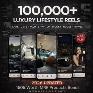 Peut inclure: Publicité avec cinq smartphones affichant des reels sur le thème du luxe. Le texte indique "100,000+ LUXURY LIFESTYLE REELS" avec des catégories comme voitures, jets et yachts. On trouve aussi "2026 UPDATED" et "1505 Worth MRR Products Bonus."