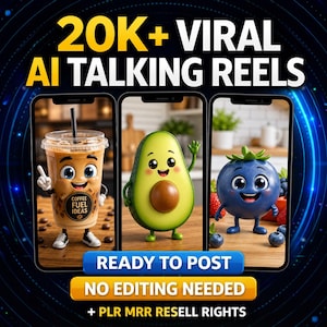 Puede incluir: Anuncio de "20K+ Viral AI Talking Reels". La imagen muestra tres pantallas de teléfonos inteligentes con personajes de comida animados: un café, un aguacate y un arándano. También se muestra el texto "READY TO POST" y "NO EDITING NEEDED".