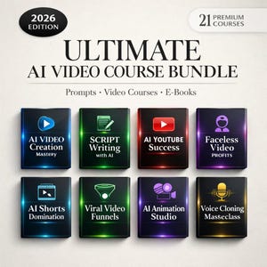 Może przedstawiać: Pakiet kursów wideo AI z tekstem "ULTIMATE AI VIDEO COURSE BUNDLE" i "2026 EDITION". Pakiet zawiera kursy dotyczące tworzenia wideo AI, pisania skryptów, sukcesu na YouTube, wideo bez twarzy, krótkich filmów AI, wirusowych lejów wideo, animacji AI i klonowania głosu.