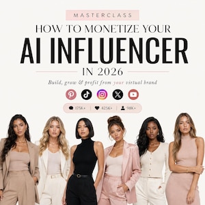 Peut inclure: Une image promotionnelle avec le texte "HOW TO MONETIZE YOUR AI INFLUENCER IN 2026." L'image comprend des icônes de médias sociaux et la phrase "Build, grow & profit from your virtual brand." Six femmes sont présentées dans l'image, portant diverses tenues.