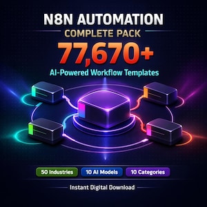 Puede incluir: Gráfico digital que promociona "N8N Automation Complete Pack" con el texto "77.670+ plantillas de flujo de trabajo con tecnología de IA". La imagen presenta un cubo central rodeado de bloques rectangulares más pequeños, todos conectados por líneas brillantes, sobre un fondo azul oscuro.