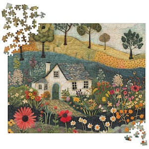 May include: A white cottage with a blue door sits in a lush garden with colourful flowers. The cottage has a stone roof and white trim. The garden is filled with a variety of flowers, including red, yellow, and purple.