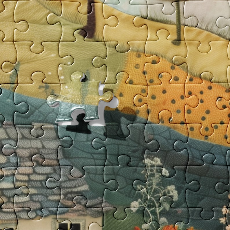 May include: A close-up of a jigsaw puzzle with a missing piece. The puzzle depicts a colourful scene with a house, trees, and flowers. The missing piece is in the centre of the image, and the surrounding pieces are all in place.