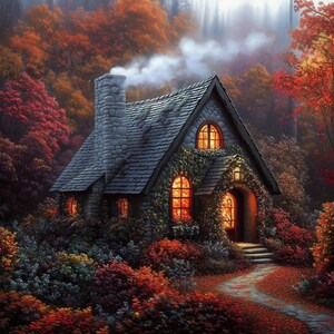 May include: A stone cottage with a slate roof and a smoking chimney sits nestled in a dense forest. The exterior is covered in climbing vines, and warm light glows from the arched windows and doorway. A stone path leads through colorful autumn foliage.
