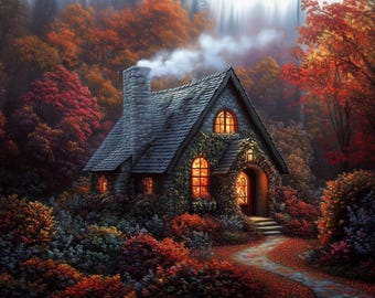 May include: A stone cottage with a slate roof and a smoking chimney sits nestled in a dense forest. The exterior is covered in climbing vines, and warm light glows from the arched windows and doorway. A stone path leads through colorful autumn foliage.