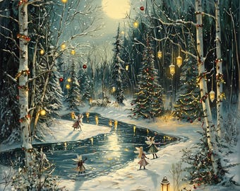May include: A winter wonderland scene with a frozen lake surrounded by snow-covered trees. The trees are decorated with twinkling lights and ornaments.  The lake is illuminated by a full moon and several lanterns.  There are small figures ice skating on the lake.