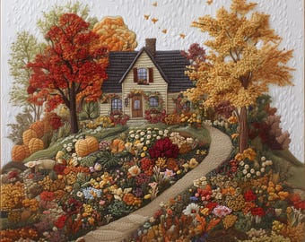 May include: A textile wall hanging featuring a detailed embroidered scene of a cottage surrounded by autumn foliage, vibrant orange and yellow trees, a winding stone path, and a garden filled with colorful flowers and pumpkins on a white background.