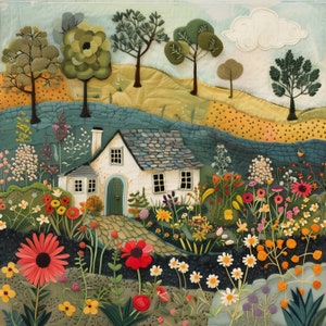 A quilted cottage jigsaw puzzle featuring a white English cottage with a blue roof and green door, surrounded by colorful flowers, trees, and a whimsical garden with stitched and painted textures.