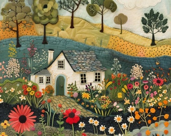 British Cottagecore Puzzle 250 500 Piece Jigsaw for Adults Quilted English Cottage Summer Landscape