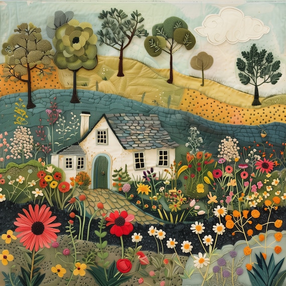 British Cottagecore Puzzle 250 500 Piece Jigsaw for Adults Quilted English Cottage Summer Landscape