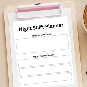 May include: A white Night Shift Planner on a wooden clipboard with a pink clip. The planner includes sections for Tonight's Shift Focus and Top 3 Priorities Tonight. The text is in black.