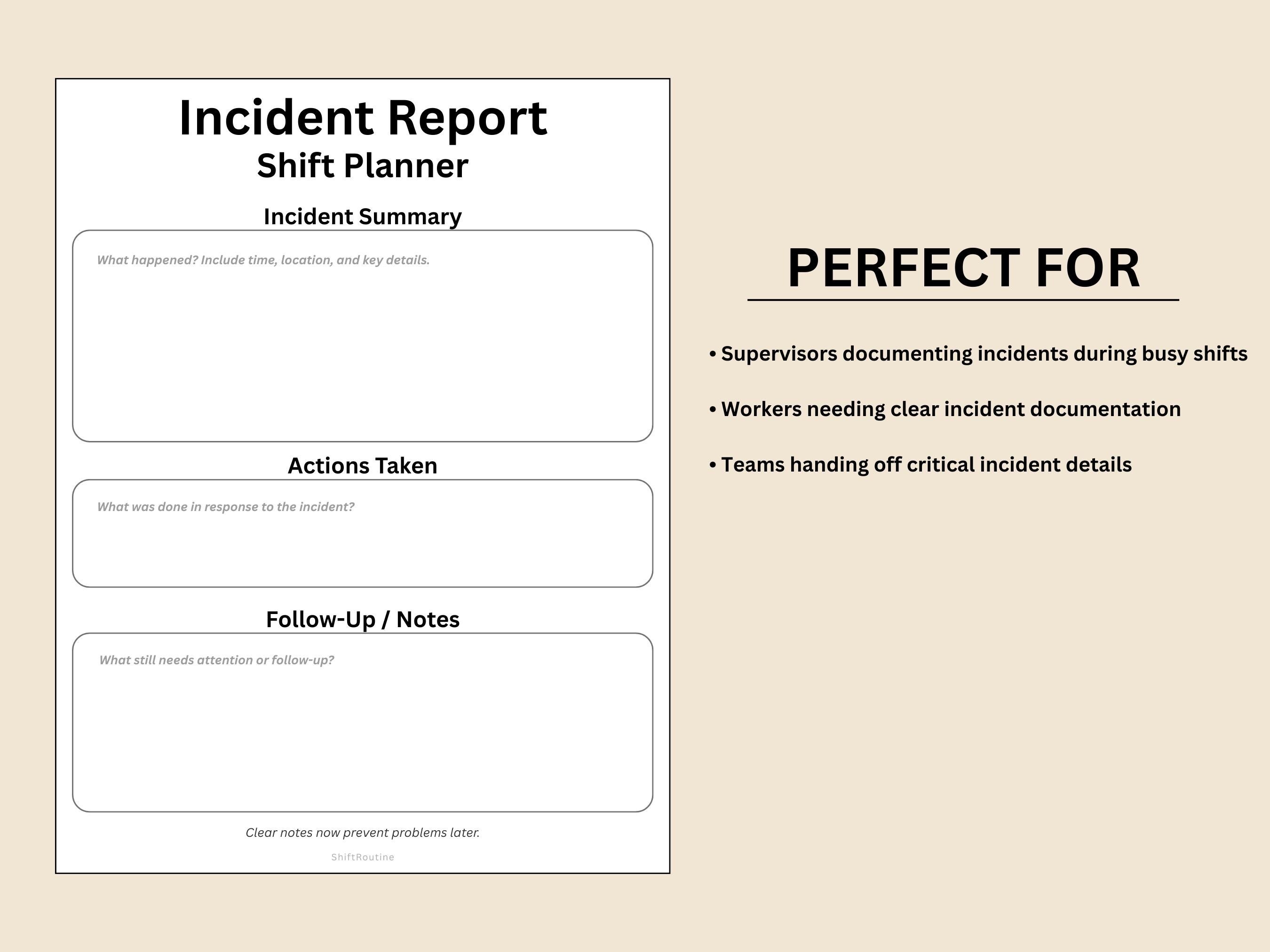 Incident Report Shift Planner – Work Incident Log, Workplace Report ...