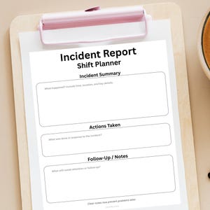 May include: A white paper with the text "Incident Report Shift Planner" is held by a pink clipboard. The paper includes sections for incident summary, actions taken, and follow-up notes. The text "Clear notes now prevent problems later" is at the bottom.