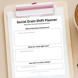 Może przedstawiać: Biały Social Drain Shift Planner na drewnianej podkładce. Planer zawiera pytania, które mają skłonić do refleksji nad interakcjami społecznymi, takie jak "Która interakcja mnie wyczerpała?" i "Jak spokojnie wrócę?" Tekst jest czarny.