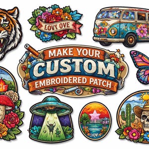 Puede incluir: Una colección de parches bordados coloridos con un tigre, flores, una furgoneta, una mariposa, setas, un OVNI, un paisaje y una calavera con sombrero de vaquero. Los parches tienen un estilo vintage e ilustrativo, con el texto "Make Your Custom Embroidered Patch".