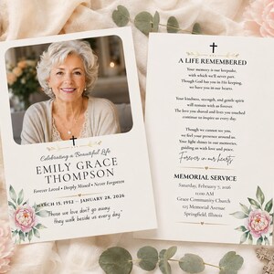 May include: A memorial service program featuring a photograph of an older woman, the name Emily Grace Thompson, dates March 15, 1952 to January 28, 2026, and service details for February 7, 2026, decorated with watercolor pink peonies and green leaves.