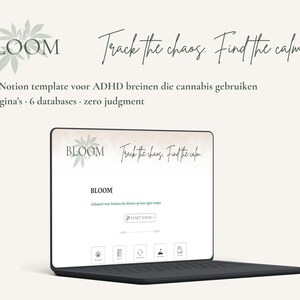 Op de afbeelding: Een laptop toont een Notion-sjabloon met het woord "BLOOM" en de tekst "Track the chaos. Find the calm..." in handschrift. De sjabloon is ontworpen voor ADHD-hersenen en bevat 11 pagina's en 6 databases.