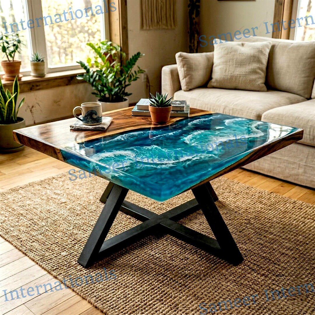 Ocean Wave Epoxy Resin Square Table – Custom Made Coastal Style Coffee ...